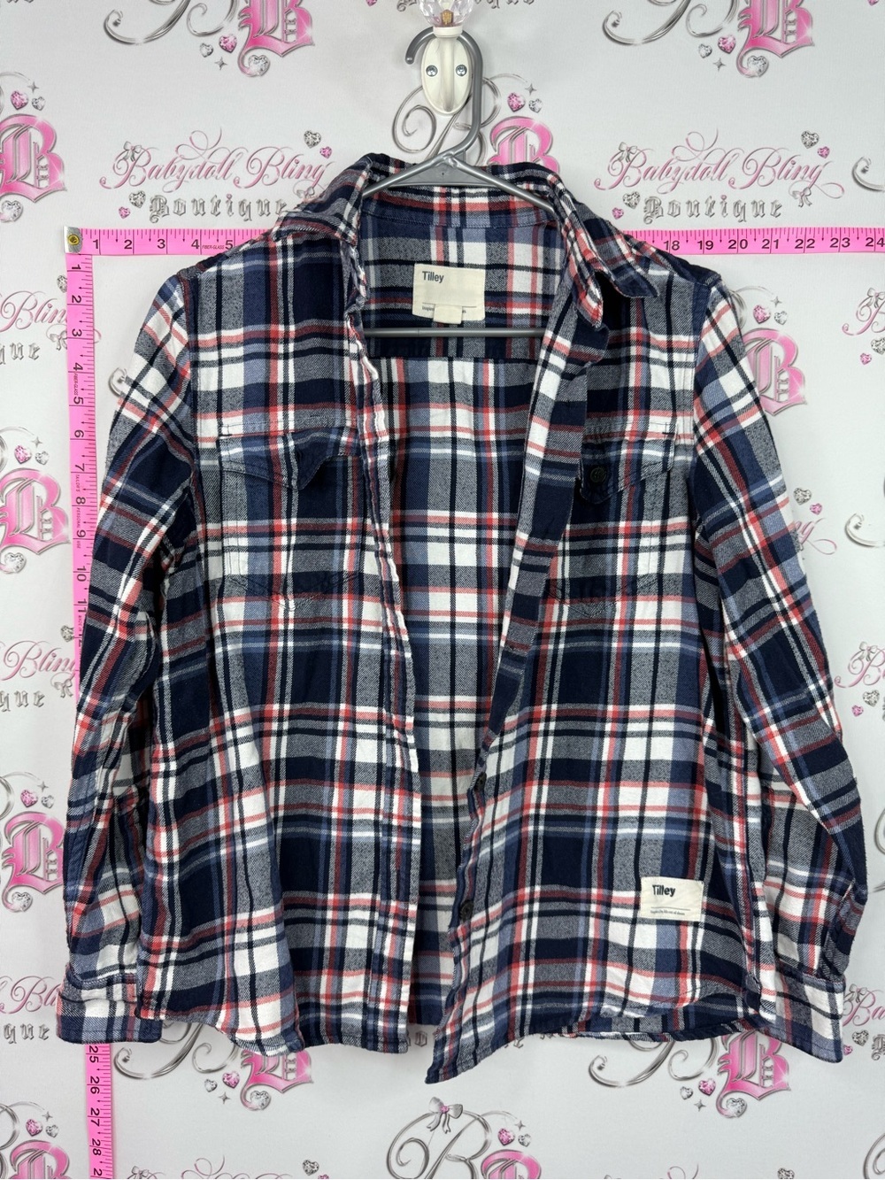 Tilley shirt Women's Navy Red White Plaid Button-Down Shirt